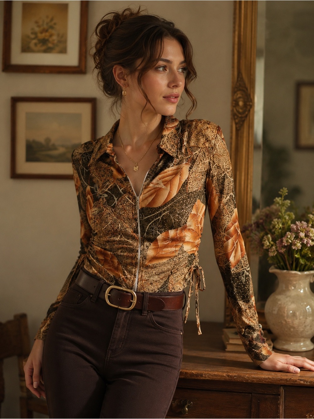 Leaf Print Ruched Zip Top Brown Orange M
